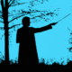 harry potter silhouette standing in the forest, casting with his magic wand